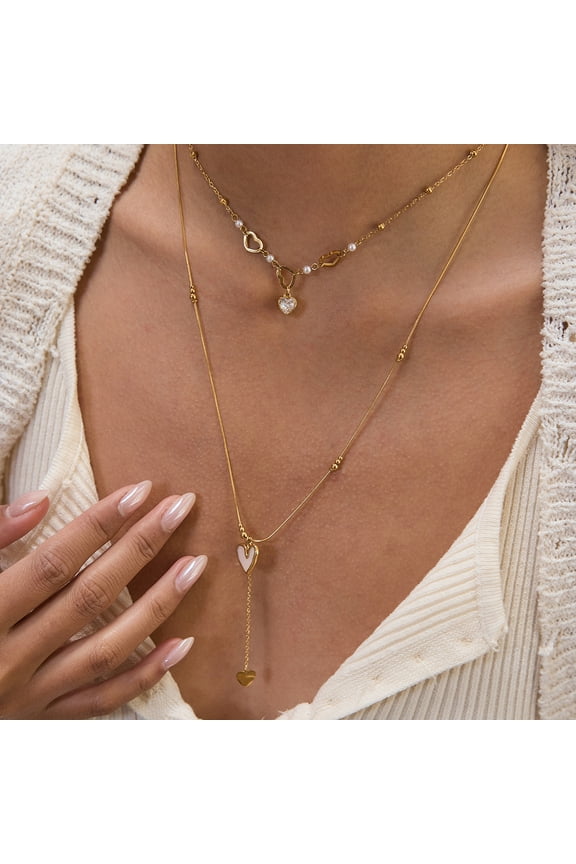 Layered Double-Strand Shell Zircon Necklace - High-End 18K Stainless Steel Fashionable Heart-Shaped Mother-of-Pearl Necklace