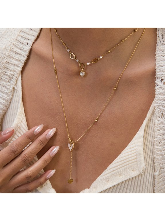 Layered Double-Strand Shell Cubic Zirconia Necklace - High-End 18K Stainless Steel Fashionable Heart-Shaped Mother-of-Pearl Necklace