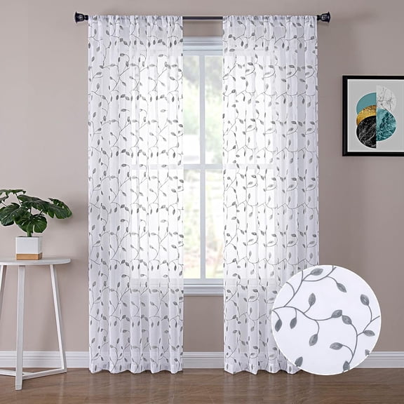 Sunyuer Leaves Short Sheer Curtains Grey Leaf Embroidery Curtain Rod Pocket Voile Faux Linen Embroidered Leaves Curtains for Bedroom Living Room, 52W X 63L inch, Set of 2 Panels, Grey