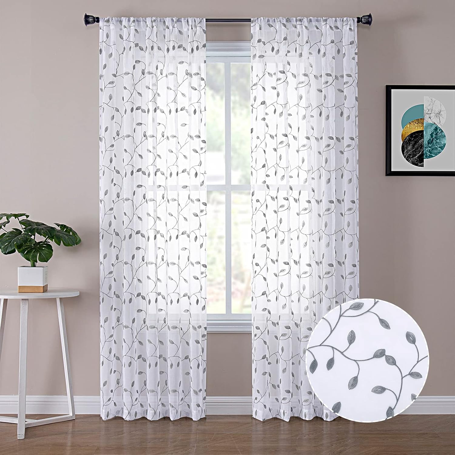 Sunyuer Leaves Short Sheer Curtains Grey Leaf Embroidery Curtain Rod Pocket Voile Faux Linen Embroidered Leaves Curtains for Bedroom Living Room, 52W X 63L inch, Set of 2 Panels, Grey