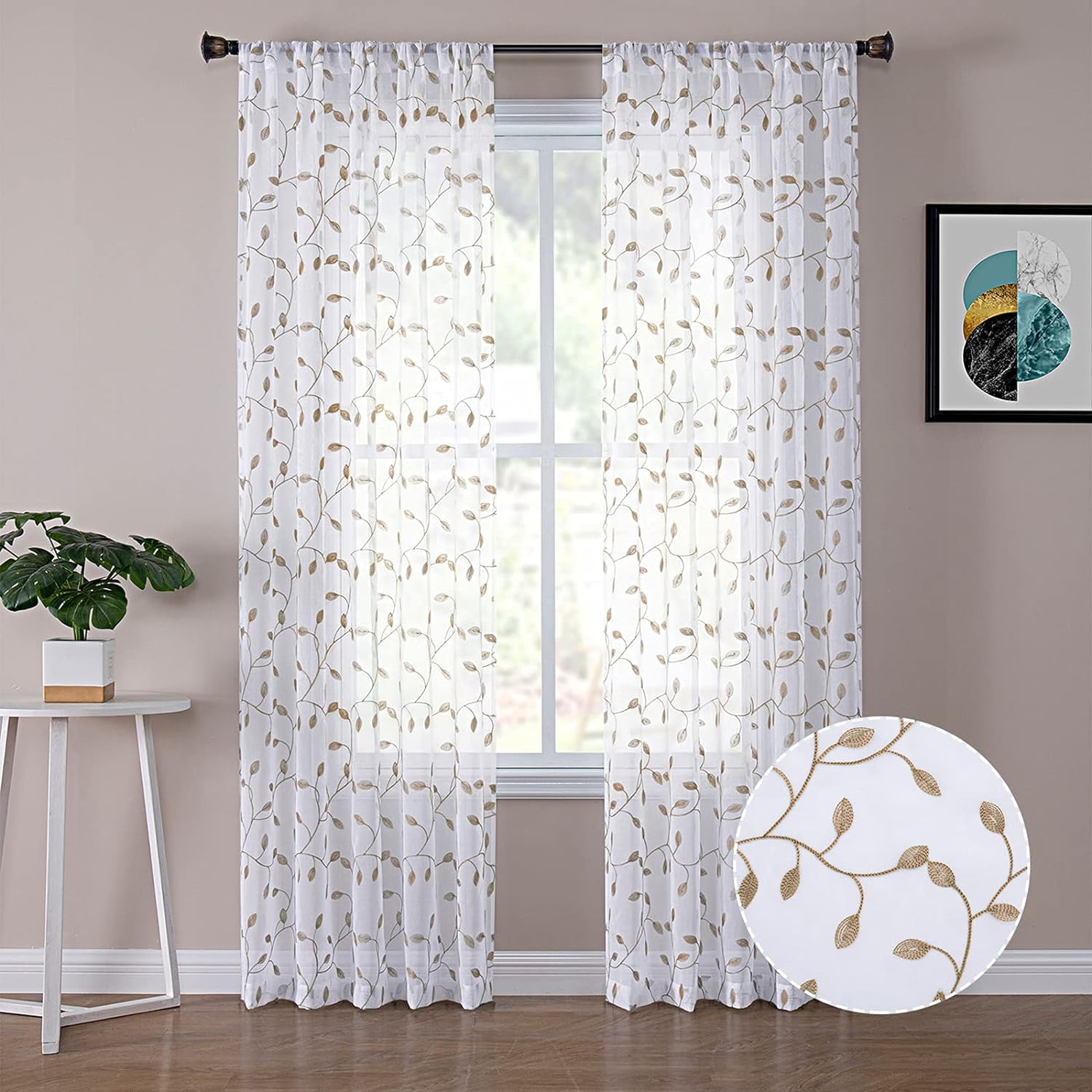 Sunyuer Leaves Short Sheer Curtains Taupe Leaf Embroidery Curtain Rod Pocket Voile Faux Linen Embroidered Leaves Curtains for Bedroom Living Room, 52W X 84L inch, Set of 2 Panels, Taupe