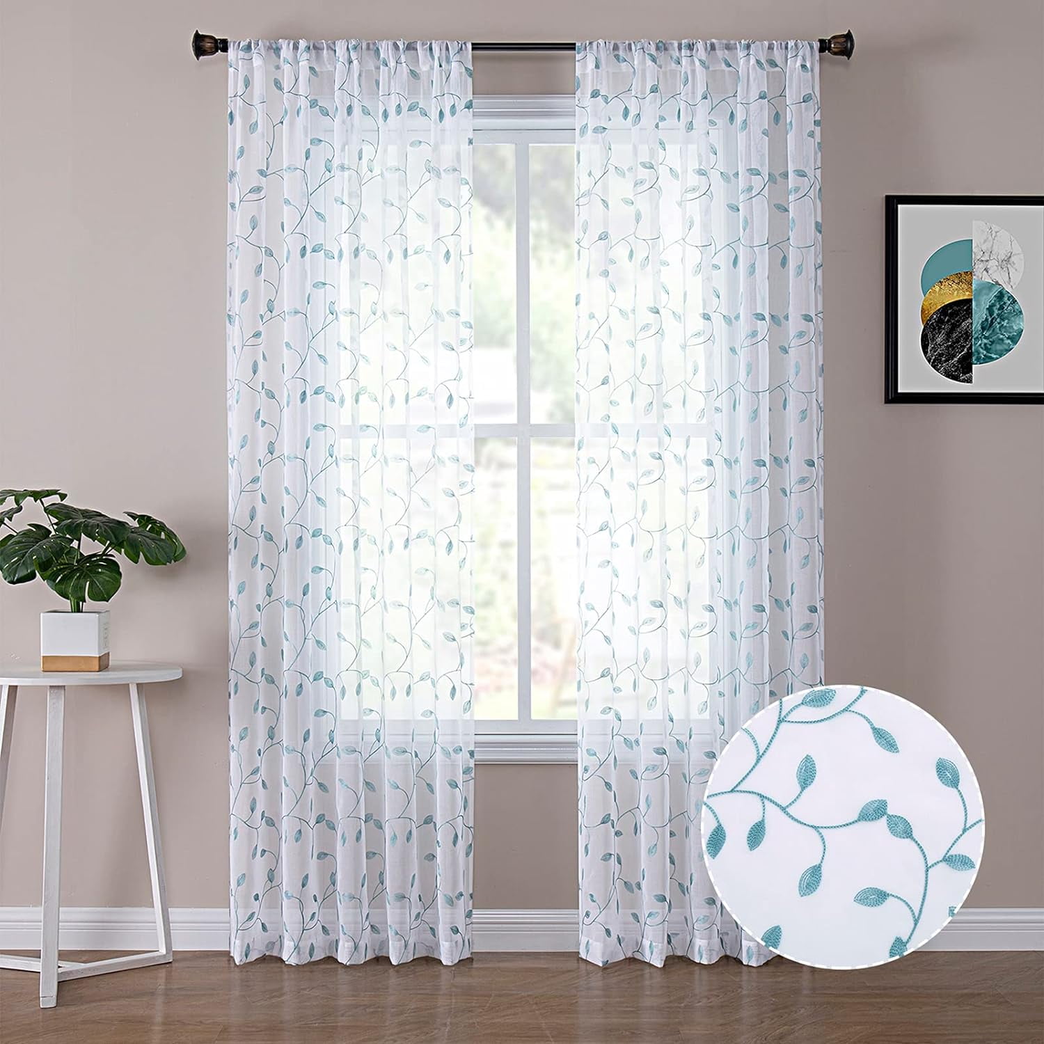 Sunyuer Leaves Short Sheer Curtains Teal Blue Leaf Embroidery Curtain Rod Pocket Voile Faux Linen Embroidered Leaves Curtains for Bedroom Living Room, 52W X 72L inch, Set of 2 Panels, Teal Blue