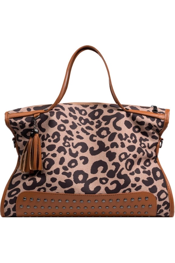 Leopard Print Large Tote Bag for Women - Shoulder/Crossbody with Rivet Design
