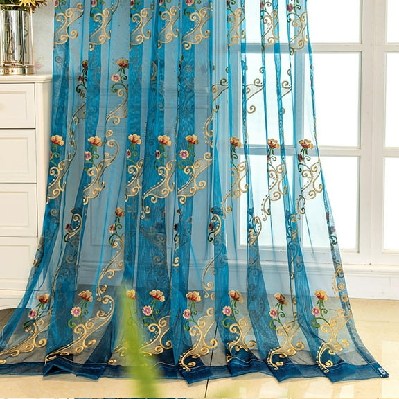 Sunyuer Luxury Blue Butterfly Flower Embroidered Semi Sheer Voile Curtains for Bedroom  Window Curtain, Grommet Top, Pack of 2