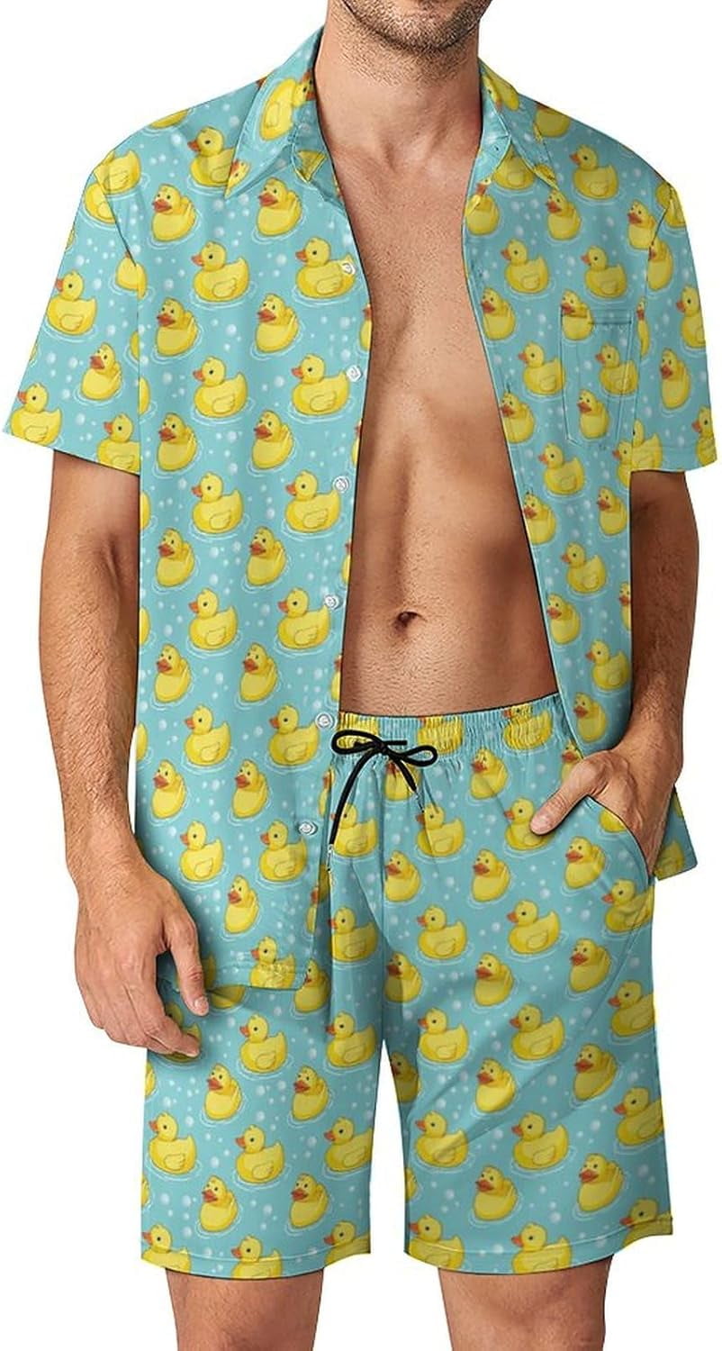 YTD Men's Hawaiian 2-Piece Outfit Set - Flower Print Button Down Shirt & Shorts Beach Suit