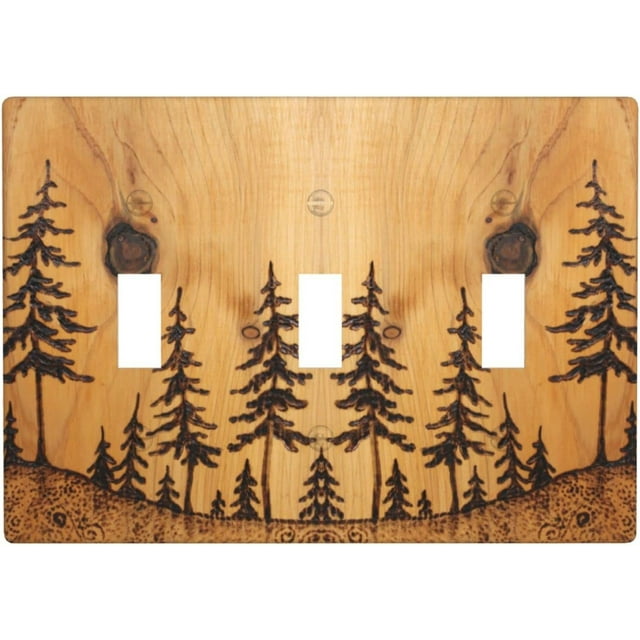 Sunyuer Pine Tree Wood Decorative Wall Plate, 3 Gang Triple Toggle Outlet Cover Decorative Switch Plate for Kitchen Bathroom Bedroom, Mid Size 4.5x6.38 Inch