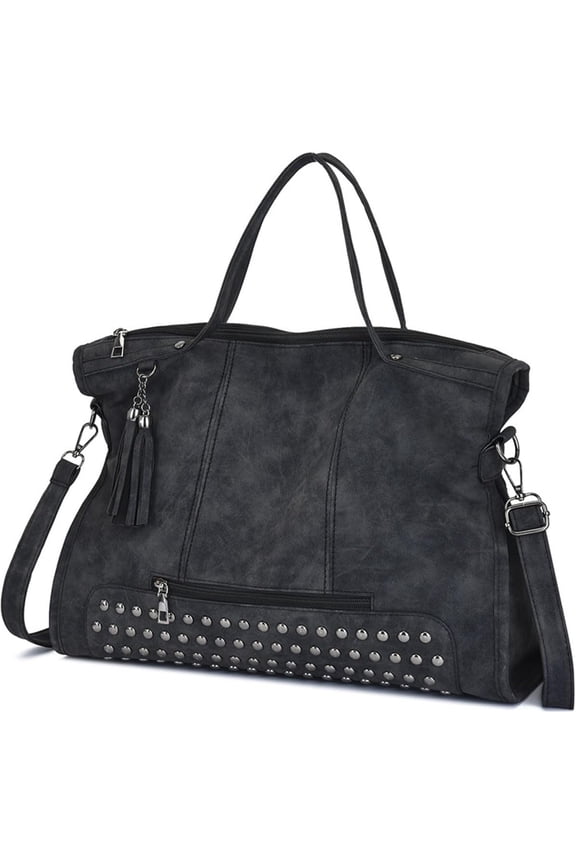 Punk Frosted Handbag for Women, Rivet Studded Purse Tassel, PU Leather Versatile Shoulder Bag For Daily
