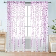 Sunyuer Purple Sheer Curtains 2 Panels, Pretty Vine Leaf Curtains Lilac Lavender Girls Bedroom Curtain Sheers 106 inch Willow Leaves Pattern Voile Curtains Drapes for Living Room,Balcony, Sunroom