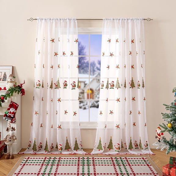 Sunyuer Red Embroidered Sheer Christmas Window Curtains for Living Room- Xmas Tree Santa Patterned White Drapes 2 Panels Set for Winter Holiday Bedroom Dining Room Decor