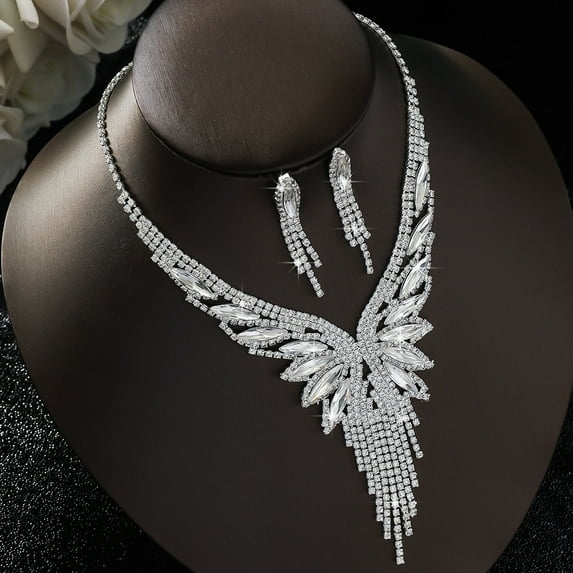 Sunyuer Rhinestone Jewelry Set Tassel Necklace Earrings Sparkly Wedding Necklaces Set for Women