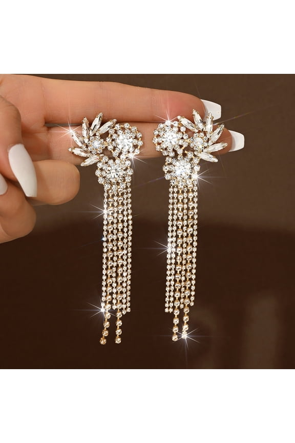 Rhinestone Tassel Earrings, Long Sparkly Statement Chandelier Earrings Trendy Iridescent Earrings Formal Elegant Prom Evening Wear Earrings For Women Prom Wedding Earrings