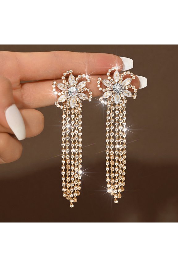 Rhinestone Tassel Earrings, Long Sparkly Statement Chandelier Earrings Trendy Iridescent Earrings Formal Elegant Prom Evening Wear Earrings For Women Prom Wedding Earrings