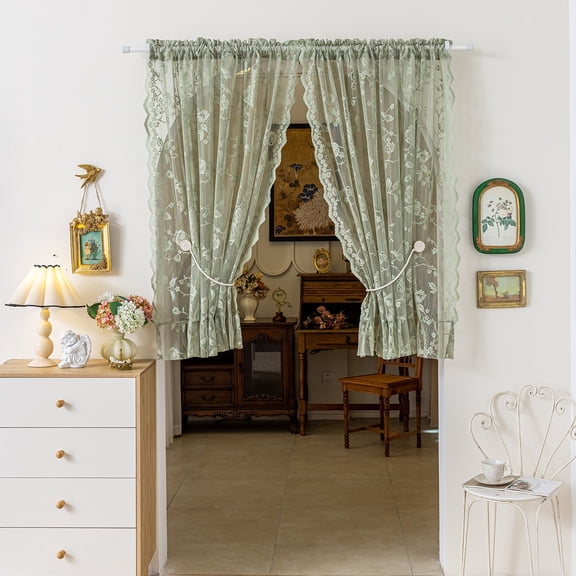 Sunyuer Rod Pocket Lace Sheer Door Curtain French Retro Style Mesh Floral Semi Voile Curtain for Patio Door Living Room with Tieback, 2 Panels