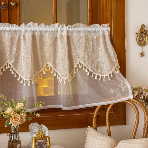 Sunyuer Rustic Boho Curtain Valance for Kitchen Window Farmhouse Handmade Crochet Curtain Tiers for Coffee Decor Room Divider Rod Pocket Hollow Short Lace Curtains for Bathroom Closet 1 Panel