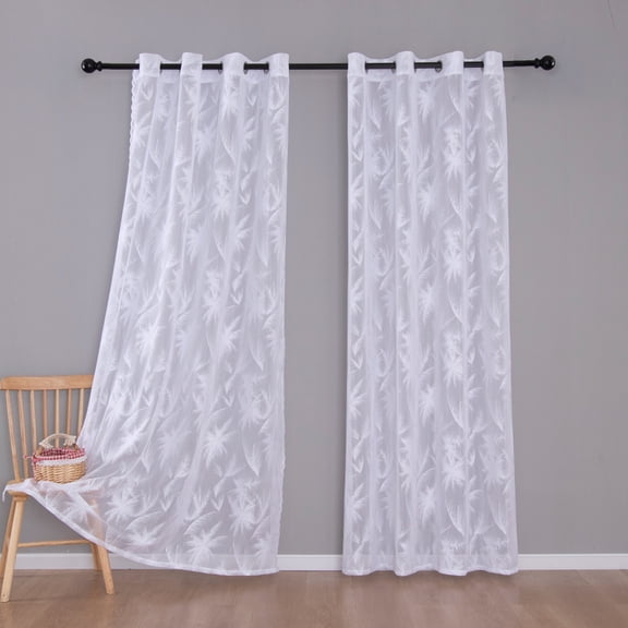 Sunyuer Sheer Curtains 2 Panels Set, Farmhouse Palm Trees Jacquard Grommet Window Curtain for Living Room/Bedroom, Voile Sheer Panel Drapes