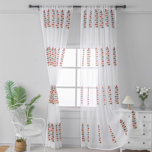 Sunyuer Sheer Curtains Embroidered Colorful Leaves Patterned Semi-Sheer Curtain 2 Panels Rod Pocket Spring Voile Drapes for Living Room, Bedroom