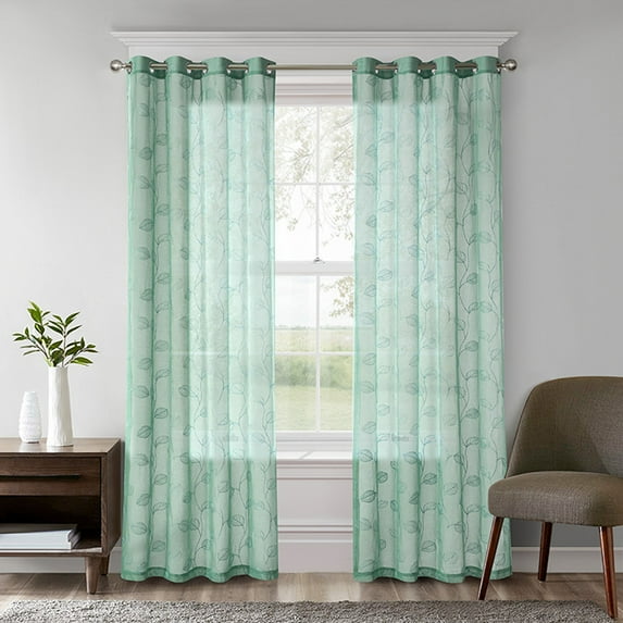 Sunyuer Sheer Curtains Floral Embroidery Drapes, 84 inch Voile Light Filtering Window Curtain Set for Living Room Bedroom, 2 Panels, Blue