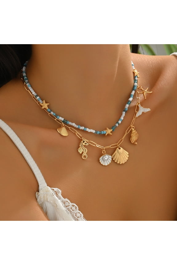 Shell Necklaces for Women Layered Gold Boho Beaded Seashell Choker Adjustable Pearl Starfish Necklace Beach Jewelry Hawaiian Summer Accessories for Women