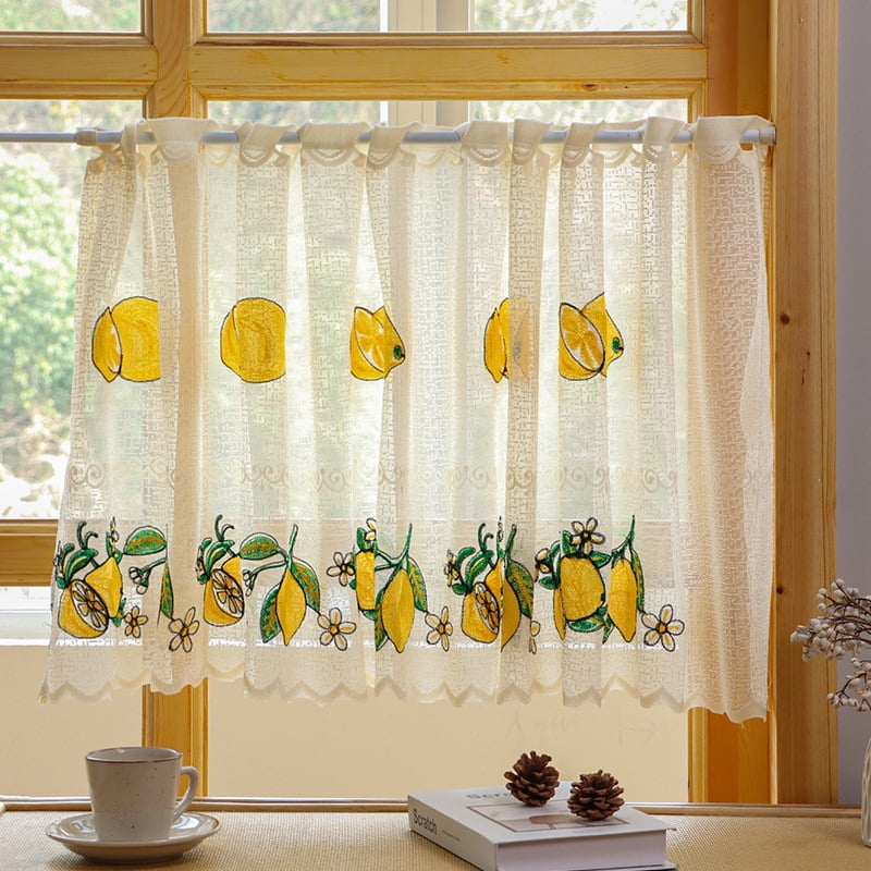Sunyuer Short Curtain Embroidered Lemon Lace Semi Shading Valance Easy Installation for Home Decoration Bedroom Living Room, 1 Panel