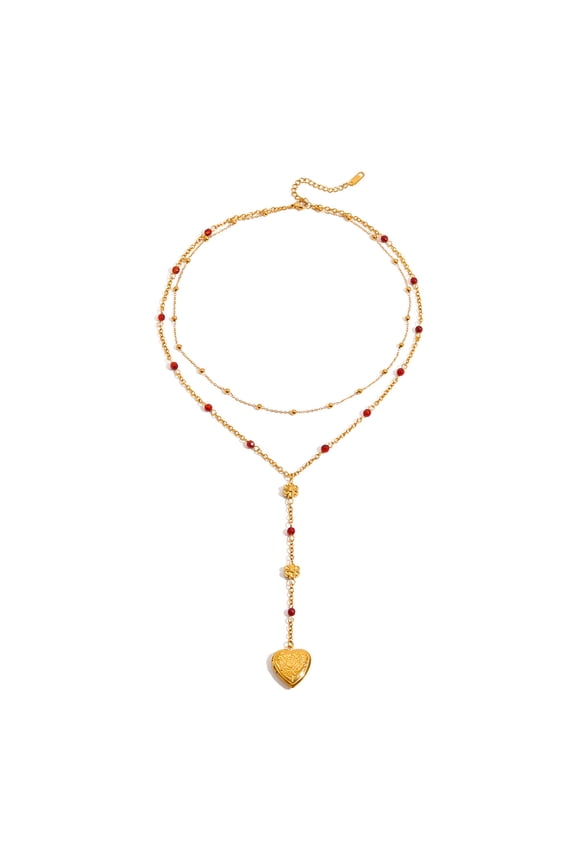 Stainless Steel 18K Gold-Plated Red Agate Double-Layer Beaded Necklace with Openable Heart Photo Box Pendant - Stackable, Elegant Choker