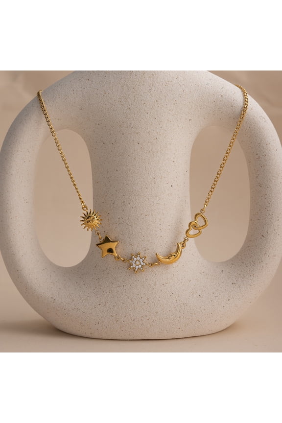 Stainless Steel 18K Gold Plated Star Moon & Smile Face Cubic Zirconia Necklace - Whimsical & Charming