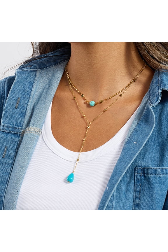 Stainless Steel Turquoise Pendant Necklace for Women - Unique Minimalist Design, Dainty Gold-Plated Double Layer Chain with Turquoise Beads, Perfect Gift for Her