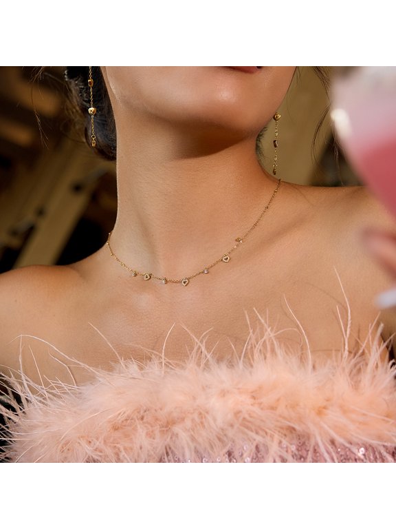 Stainless Steel Zirconia Beaded Necklace - Minimalist Multi-Layered Lock Bone Chain with Star, Cross & Heart Pendants, Unique Statement Jewelry for Women