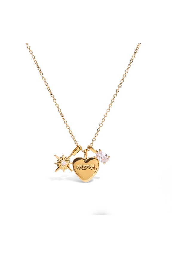 Stainless Steel Zirconia "MOM" Heart Pendant Necklace - 18K Gold Plated Minimalist Mother's Jewelry
