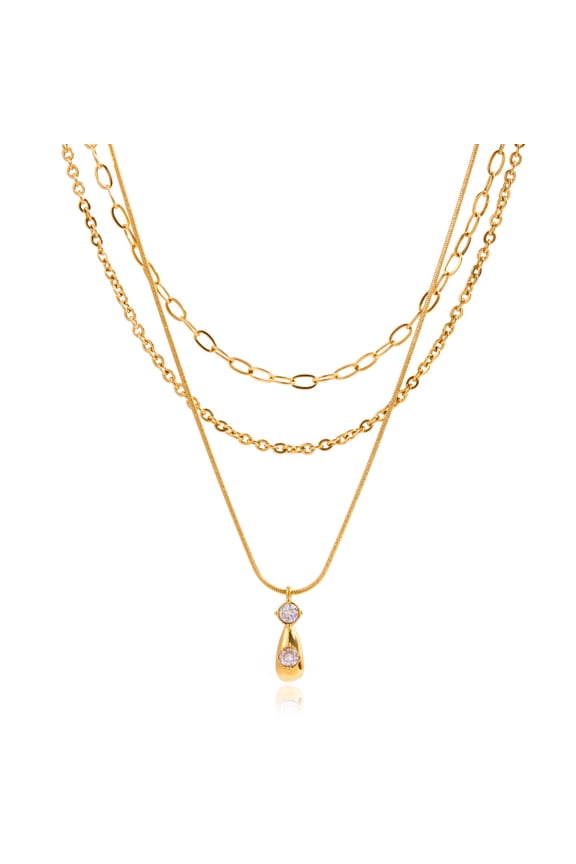 Stainless Steel Zirconia Teardrop Pendant Multi-Layer Necklace - Gold-Tone Chain with Sparkling Stone Accents, Elegant Statement Jewelry for Women