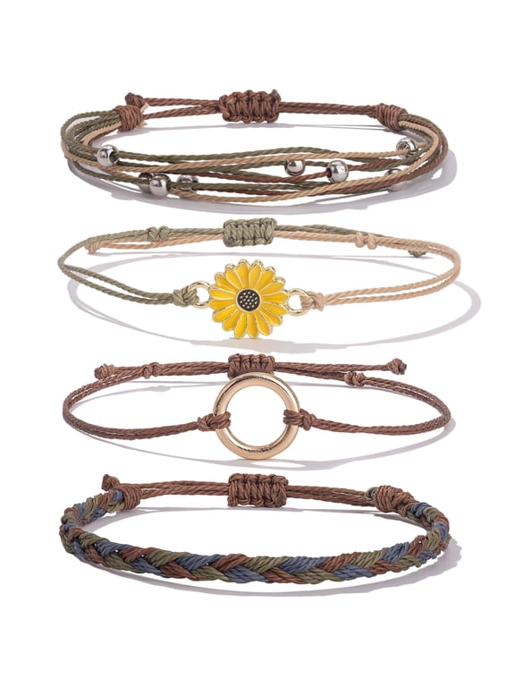 Sunflower String Bracelet Boho Braided Rope Wrap Bracelets Cute Summer Beach Surfer Jewelry for Women Stocking Stuffers Christmas Gifts