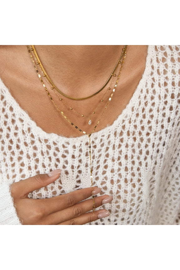 Three-Layer Y-Chain Water Drop Cubic Zirconia Pendant Blade Chain 18K Gold-Plated Stainless Steel Multi-Layer Stackable Necklace