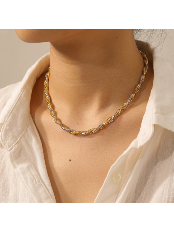 Two-Tone Twisted Snake Bone Stainless Steel Choker Necklace for Women, Retro Minimalist Geometric Collarbone Chain, Anti-Fade Fashion Jewelry