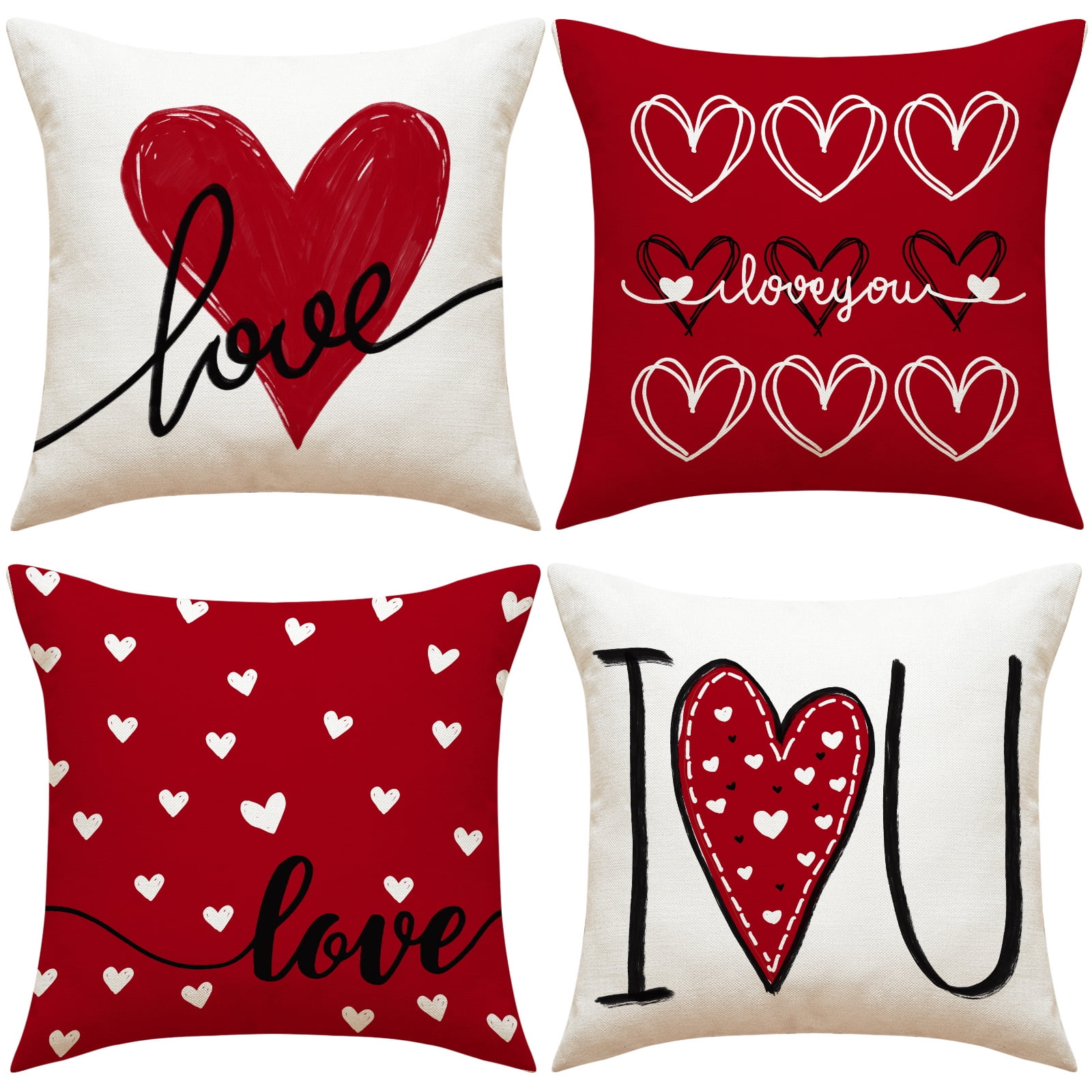 Valentine's Day Red and White Linen Throw Pillow Covers Set of 4
