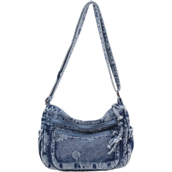 Sunyuer Vintage Floral Printed Washed Denim Crossbody Bag for Women, Multi Pocket Casual Shoulder Purse, Adjustable Strap Hobo Messenger Bag, Trendy Daily Commute Handbag