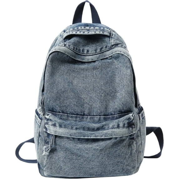 Sunyuer Vintage Washed Denim Backpack for Women Men, Distressed Casual Denim Backpack, Large Capacity Lightweight School Backpack, Durable Travel Daypack Classic Jeans Rucksack for Daily Outdoor