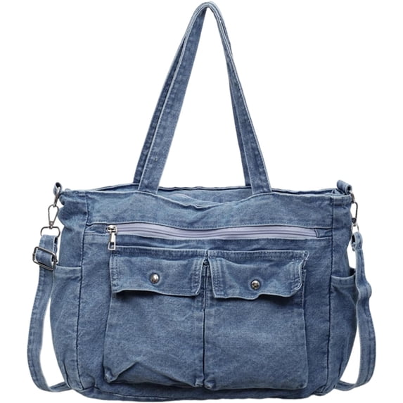 Sunyuer Vintage Washed Denim Tote Bag for Women, Multi Pocket Large Capacity Casual Shoulder Handbag, Detachable Adjustable Strap Crossbody Bag, Fashion Daily Commute Shopper Bag