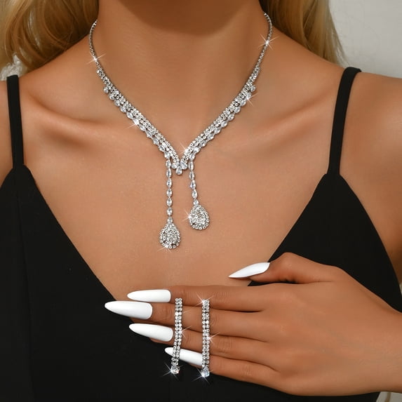 Sunyuer Wedding Jewelry Set for Bride, Elegant Fashion Zircon Double Waterdrop Pendant Necklace Earrings Set for Women Party Wedding Accessories