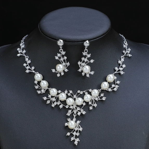 Sunyuer Wedding Jewelry Sets Leaf Rhinestone Necklace Set Formal Pearl Costume Jewerly for Women and Brides