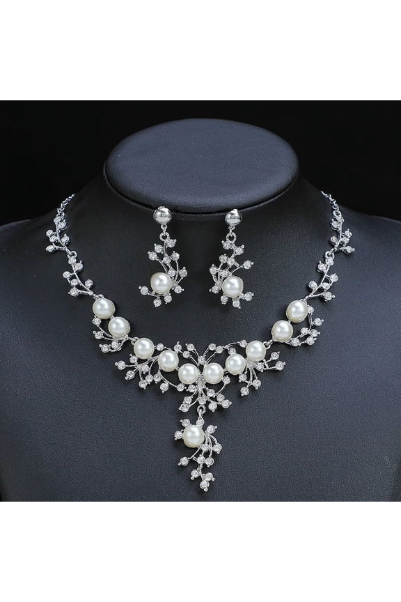 Wedding Jewelry Sets Leaf Rhinestone Necklace Set Formal Pearl Costume Jewerly for Women and Brides