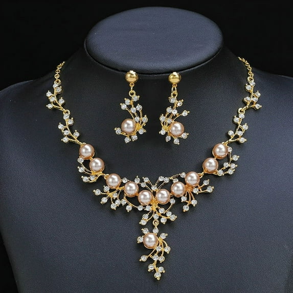 Sunyuer Wedding Jewelry Sets Leaf Rhinestone Necklace Set Formal Pearl Costume Jewerly for Women and Brides