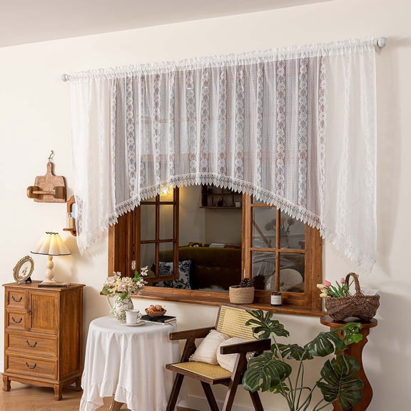 Sunyuer White Lace Arched Sheer Curtain Floral Embroidered Swag Curtain Valance Tier for Doorway Kitchen Bathroom Window, Rod Pocket Top 1 Panel
