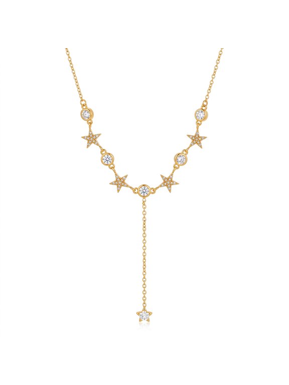 Women 18K Gold Plated Stainless Steel Y-Shaped Star Cubic Zirconia Necklace, Dainty Niche Light Luxury Non-Fading Clavicle Chain Jewelry