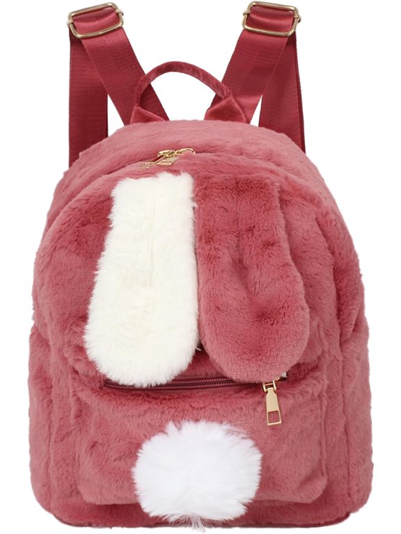 Women Cute Bunny Ear Plush Mini Backpack, Fluffy Furry Rabbit Pom Pom Casual Daypack, Adjustable Strap Lightweight Fashion Travel Backpack for Daily Use