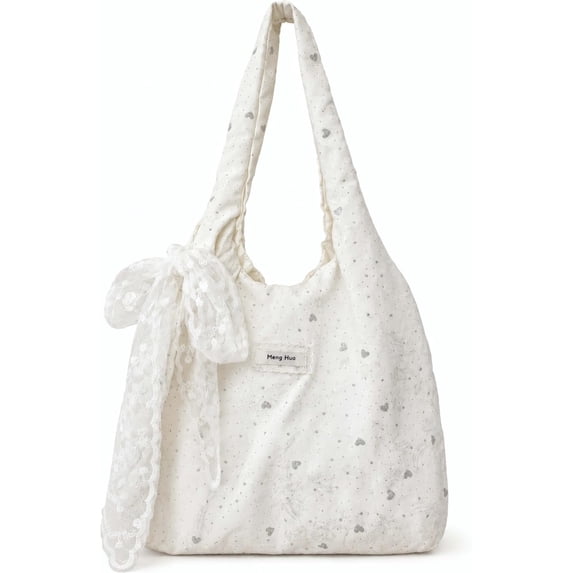 Sunyuer Women Cute Lace Embossed Tote Shoulder Bag, Elegant White Floral Hobo Handbag with Lace Bow, Lightweight Casual Shopping Handbag, Soft Large Daily Shoulder Purse for Travel Street Outing