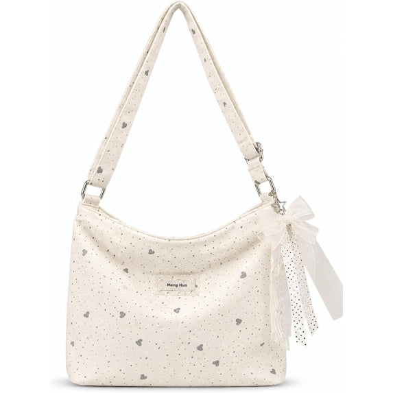 Sunyuer Women Cute Print Hobo Shoulder Bag, Lightweight Casual Crossbody Tote Purse with Lace Bow Charm, Adjustable Strap Large Capacity Daily Handbag for Commute Shopping Travel