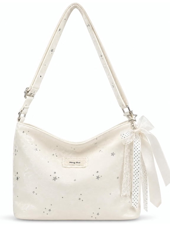 Women Cute Print Hobo Shoulder Bag, Lightweight Casual Crossbody Tote Purse with Lace Bow Charm, Adjustable Strap Large Capacity Daily Handbag for Commute Shopping Travel
