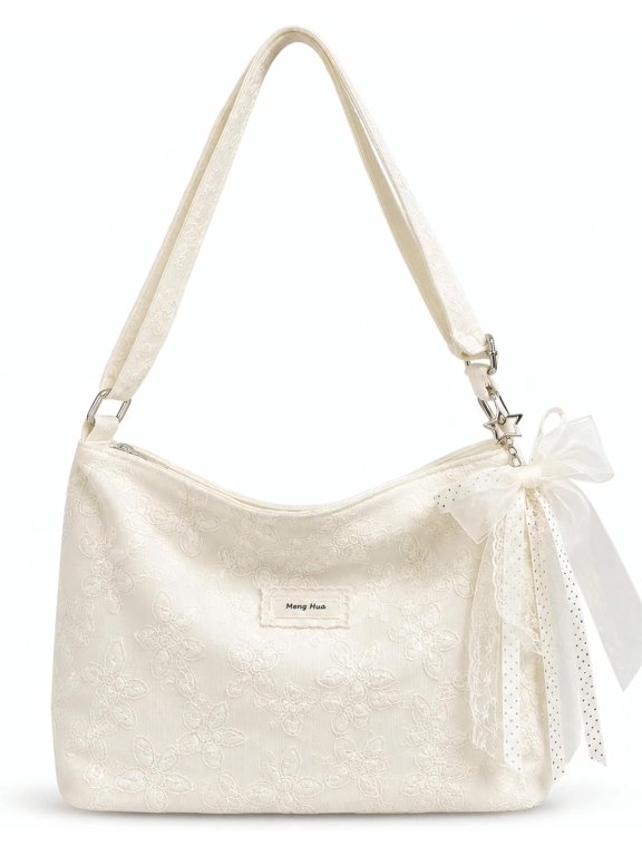 Women Cute Print Hobo Shoulder Bag, Lightweight Casual Crossbody Tote Purse with Lace Bow Charm, Adjustable Strap Large Capacity Daily Handbag for Commute Shopping Travel