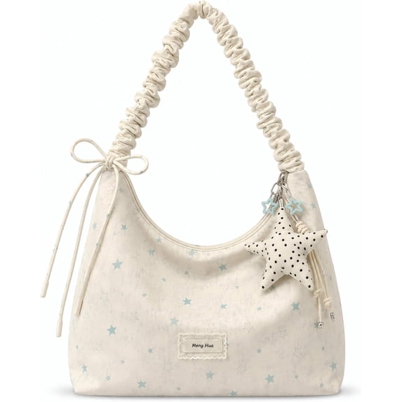 Sunyuer Women Cute Star Print Hobo Shoulder Tote Bag, Ruched Pleated Strap Casual Handbag with Polka Dot Star Charm, Large Capacity Lightweight Daily Purse for Shopping Dating Travel