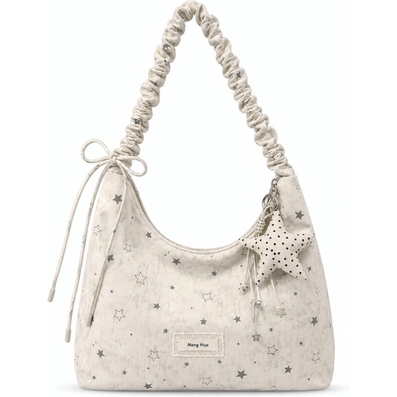 Sunyuer Women Cute Star Print Hobo Shoulder Tote Bag, Ruched Pleated Strap Casual Handbag with Polka Dot Star Charm, Large Capacity Lightweight Daily Purse for Shopping Dating Travel