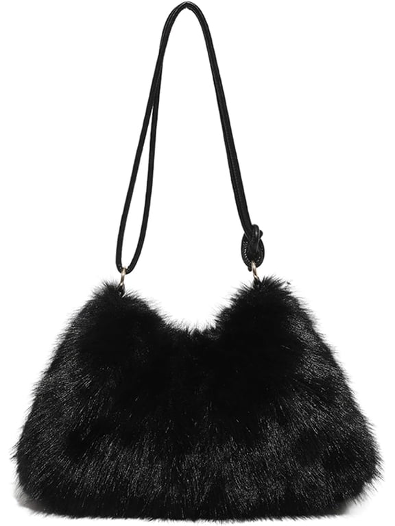 Women Faux Fur Shoulder Bag, Soft Fluffy Plush Hobo Handbag, Adjustable Knot Strap Crossbody Purse, Trendy Winter Casual Tote Bag for Daily Party